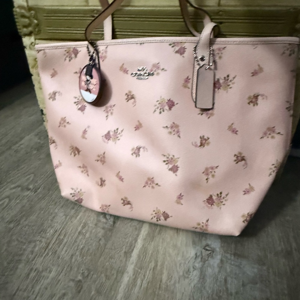 Coach Pink Floral Tote Bag with Leather Handles and Minnie Mouse icon
